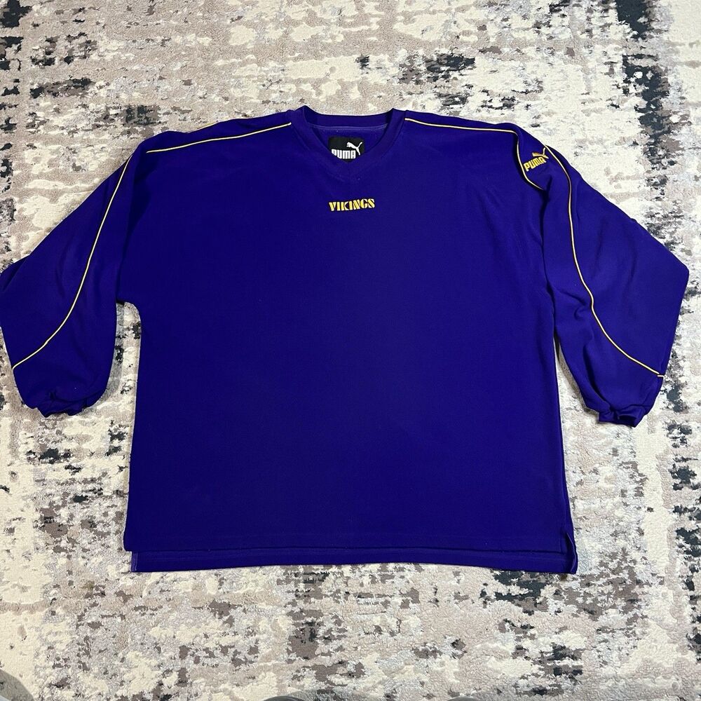 Vintage Puma 90s Minnesota Vikings V Neck Sz 2XL Fleece Pullover Sweatshirt NFL